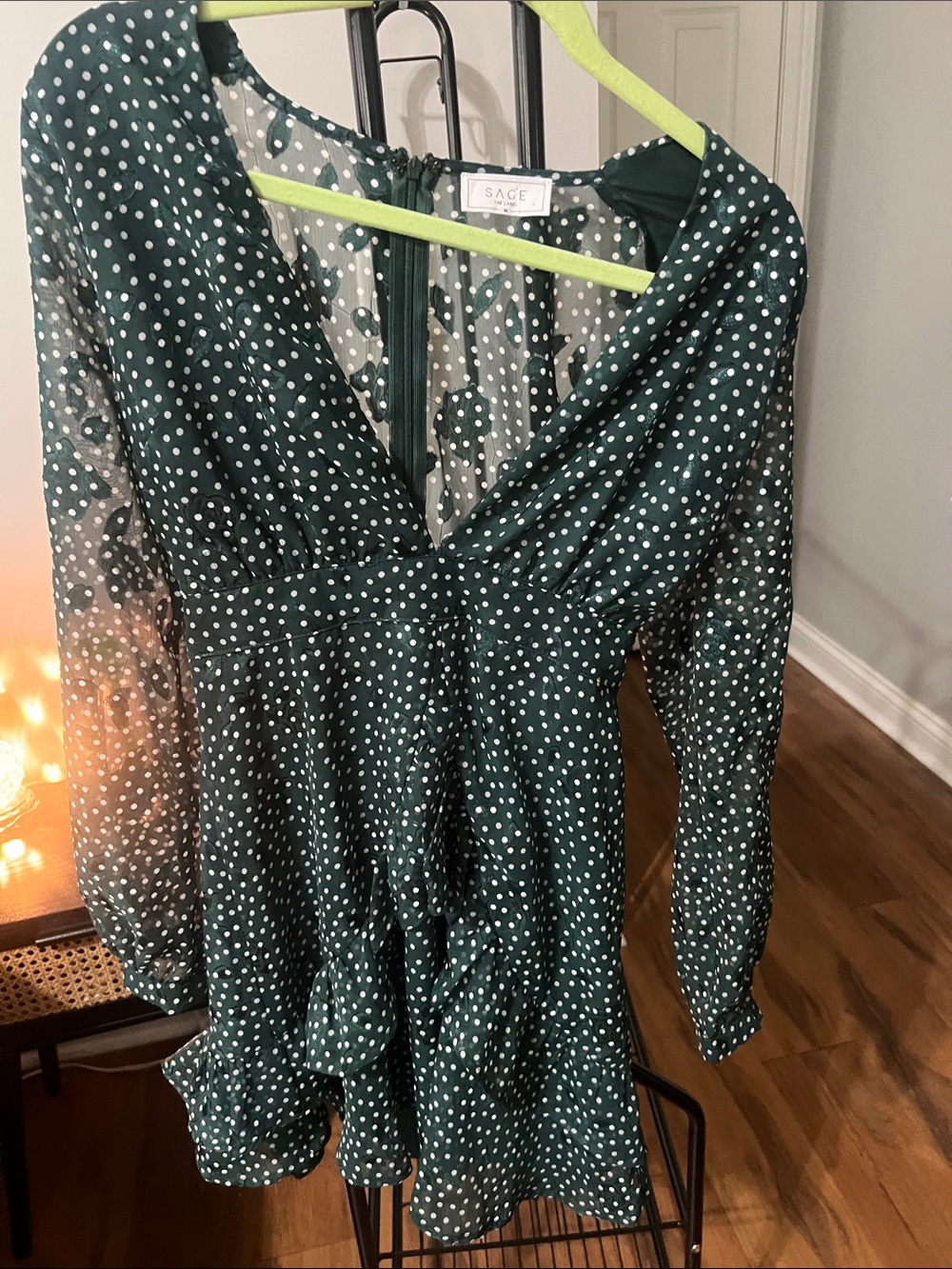 Sage Forest Green Polka Dot V-Neck Dress